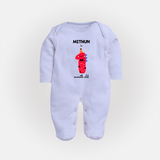 Milestone Full Sleeve Bodysuit/ Sleep Suit/ Jumpsuit for 1st Month | Soft Cotton Personalized Full Sleeve Bodysuit/ Sleep Suit/ Jumpsuit | Unisex Design - BABY BLUE - New Born (Chest 7.5")