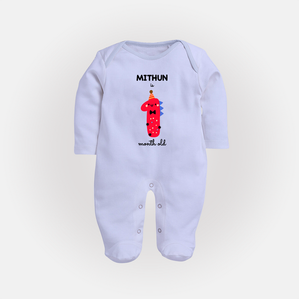 Milestone Full Sleeve Bodysuit/ Sleep Suit/ Jumpsuit for 1st Month | Soft Cotton Personalized Full Sleeve Bodysuit/ Sleep Suit/ Jumpsuit | Unisex Design - BABY BLUE - New Born (Chest 7.5")