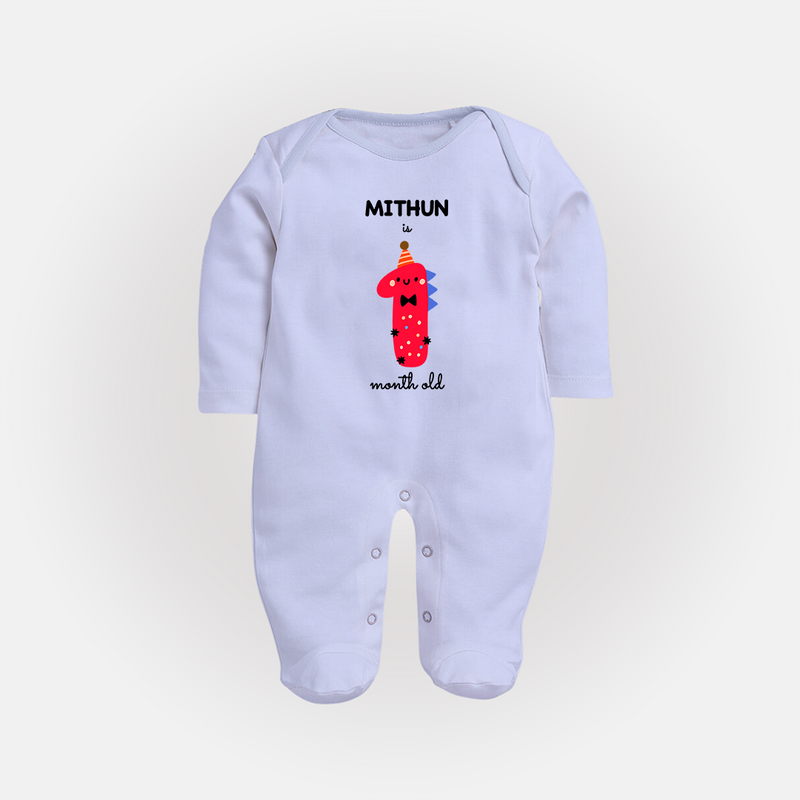 Milestone Full Sleeve Bodysuit/ Sleep Suit/ Jumpsuit for 1st Month | Soft Cotton Personalized Full Sleeve Bodysuit/ Sleep Suit/ Jumpsuit | Unisex Design - BABY BLUE - New Born (Chest 7.5")