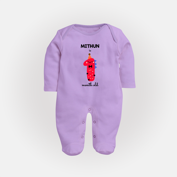 Milestone Full Sleeve Bodysuit/ Sleep Suit/ Jumpsuit for 1st Month | Soft Cotton Personalized Full Sleeve Bodysuit/ Sleep Suit/ Jumpsuit | Unisex Design - LILAC - New Born (Chest 7.5")