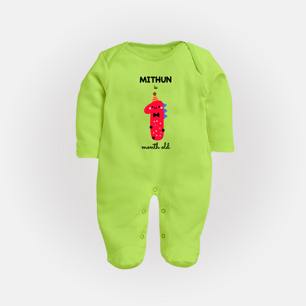 Milestone Full Sleeve Bodysuit/ Sleep Suit/ Jumpsuit for 1st Month | Soft Cotton Personalized Full Sleeve Bodysuit/ Sleep Suit/ Jumpsuit | Unisex Design - LIME GREEN - New Born (Chest 7.5")