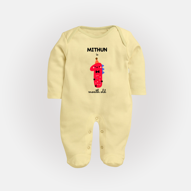 Milestone Full Sleeve Bodysuit/ Sleep Suit/ Jumpsuit for 1st Month | Soft Cotton Personalized Full Sleeve Bodysuit/ Sleep Suit/ Jumpsuit | Unisex Design - PASTEL YELLOW - New Born (Chest 7.5")