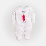 Milestone Full Sleeve Bodysuit/ Sleep Suit/ Jumpsuit for 1st Month | Soft Cotton Personalized Full Sleeve Bodysuit/ Sleep Suit/ Jumpsuit | Unisex Design - WHITE - New Born (Chest 7.5")