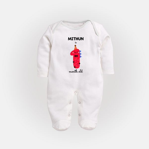 Milestone Full Sleeve Bodysuit/ Sleep Suit/ Jumpsuit for 1st Month | Soft Cotton Personalized Full Sleeve Bodysuit/ Sleep Suit/ Jumpsuit | Unisex Design - WHITE - New Born (Chest 7.5")
