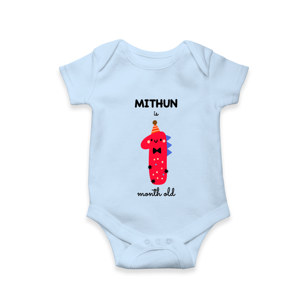 Milestone Romper for 1st Month | Soft Cotton Personalized Romper/Onesie | Unisex Design - BABY BLUE - New Born (Chest 14")