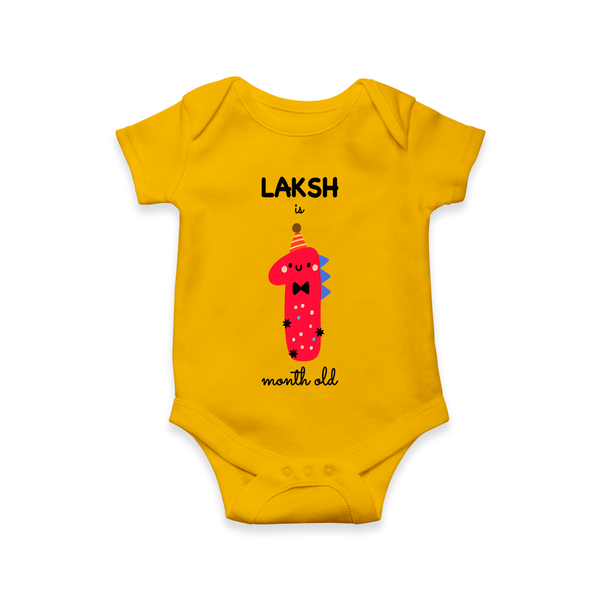 Celebrate The First Month Birthday Custom Romper, Featuring with your Baby's name - CHROME YELLOW - 0 - 3 Months Old (Chest 16")