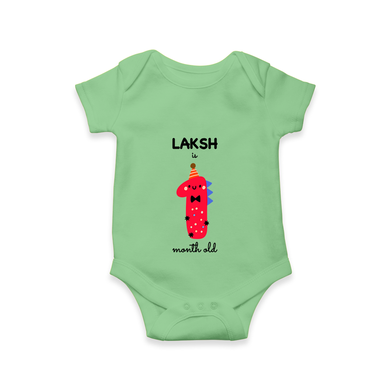 Celebrate The First Month Birthday Custom Romper, Featuring with your Baby's name - GREEN - 0 - 3 Months Old (Chest 16")