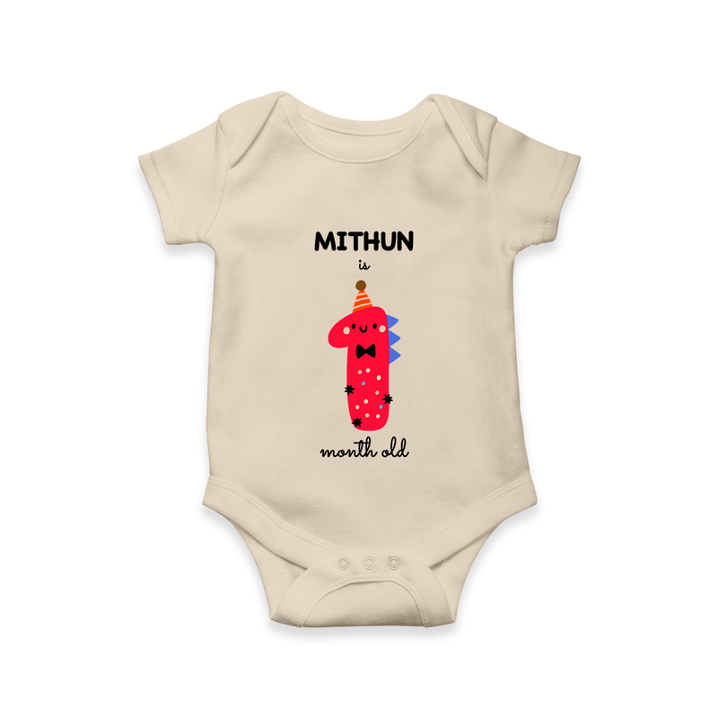 Milestone Romper for 1st Month | Soft Cotton Personalized Romper/Onesie | Unisex Design - IVORY - New Born (Chest 14")
