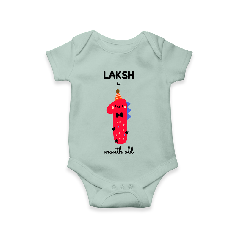 Celebrate The First Month Birthday Custom Romper, Featuring with your Baby's name - MINT GREEN - 0 - 3 Months Old (Chest 16")