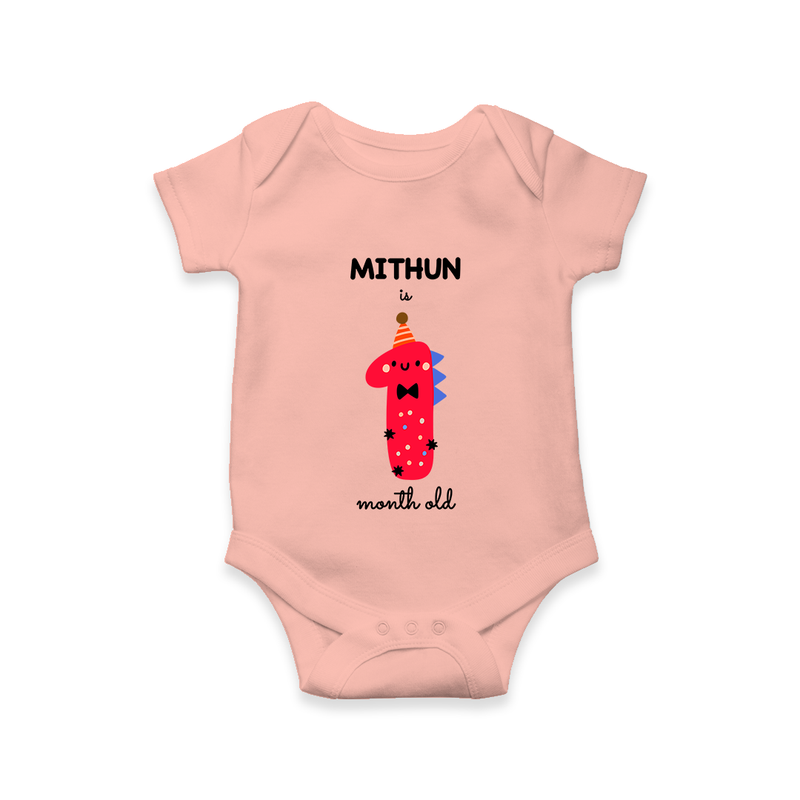Milestone Romper for 1st Month | Soft Cotton Personalized Romper/Onesie | Unisex Design - PEACH - New Born (Chest 14")