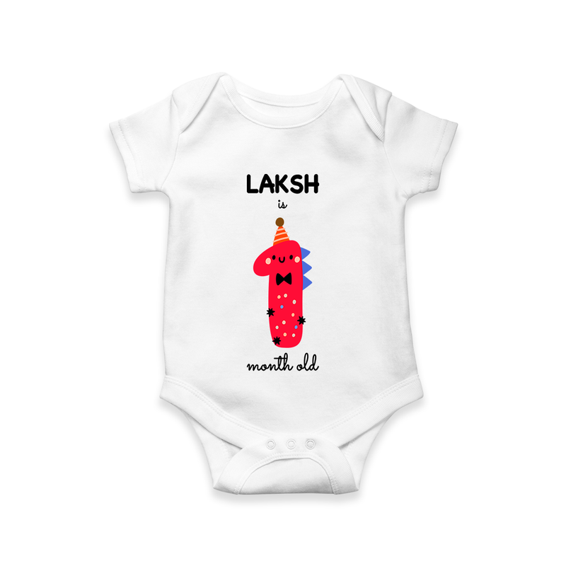 Celebrate The First Month Birthday Custom Romper, Featuring with your Baby's name - WHITE - 0 - 3 Months Old (Chest 16")