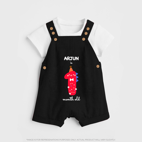 Milestone Dungaree Set for 1st Month | Soft Cotton Personalized Dungaree Set | Unisex Design - BLACK - 0 - 5 Months Old (Chest 18")