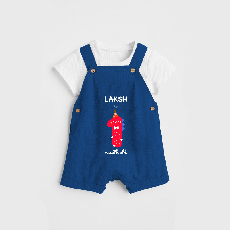 Celebrate The First Month Birthday Custom Dungaree, Featuring with your Baby's name - COBALT BLUE - 0 - 5 Months Old (Chest 17")