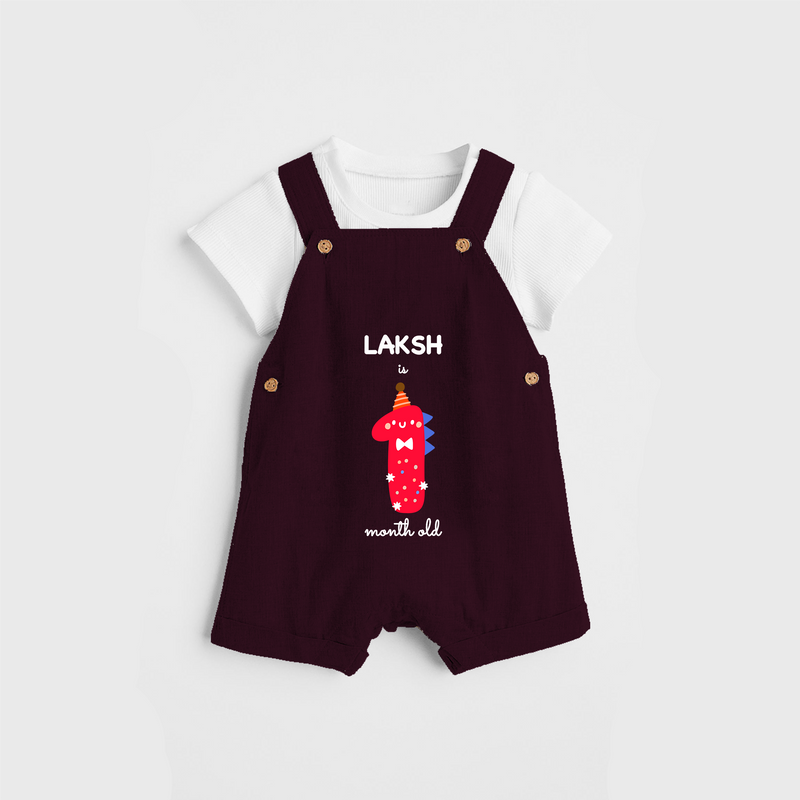 Celebrate The First Month Birthday Custom Dungaree, Featuring with your Baby's name - MAROON - 0 - 5 Months Old (Chest 17")