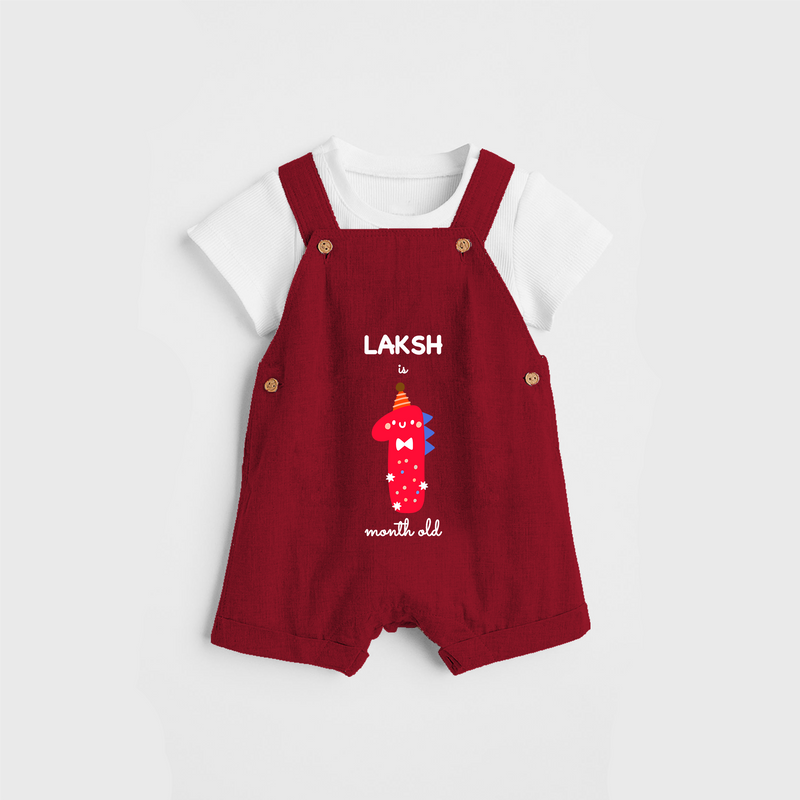 Celebrate The First Month Birthday Custom Dungaree, Featuring with your Baby's name - RED - 0 - 5 Months Old (Chest 17")