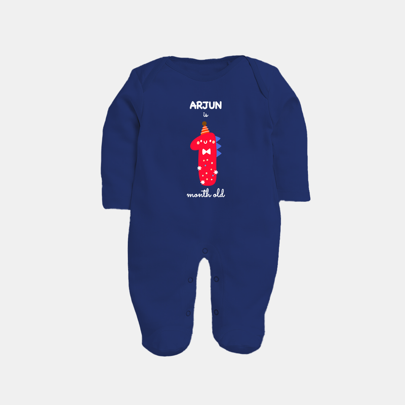 Milestone Full Sleeve Bodysuit/ Sleep Suit/ Jumpsuit for 1st Month | Soft Cotton Personalized Full Sleeve Bodysuit/ Sleep Suit/ Jumpsuit | Unisex Design - NAVY BLUE - New Born (Chest 7.5")