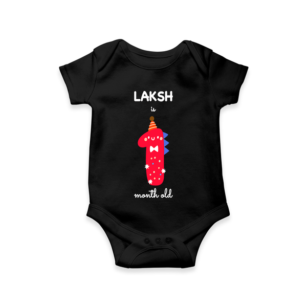 Celebrate The First Month Birthday Custom Romper, Featuring with your Baby's name - BLACK - 0 - 3 Months Old (Chest 16")