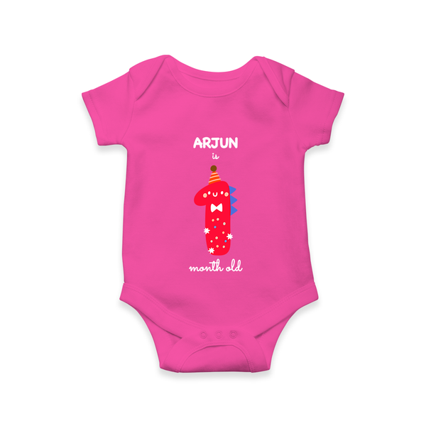 Milestone Romper for 1st Month | Soft Cotton Personalized Romper/Onesie | Unisex Design - HOT PINK - New Born (Chest 14")