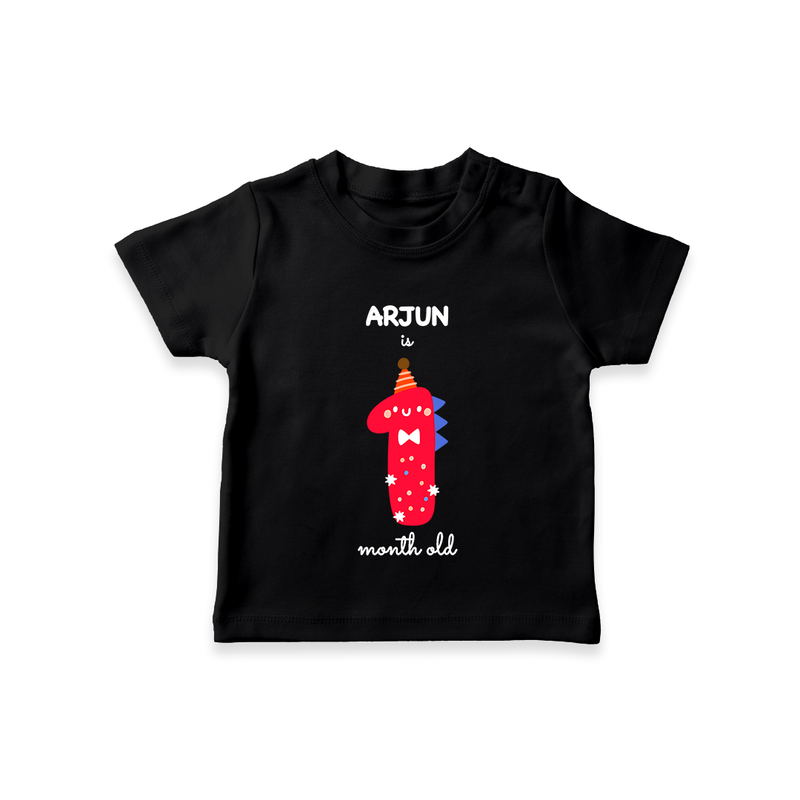 Milestone T-Shirt for 1st Month | Soft Cotton Personalized T-Shirt | Unisex Design - BLACK - 0-5 Months Old (Chest 17")