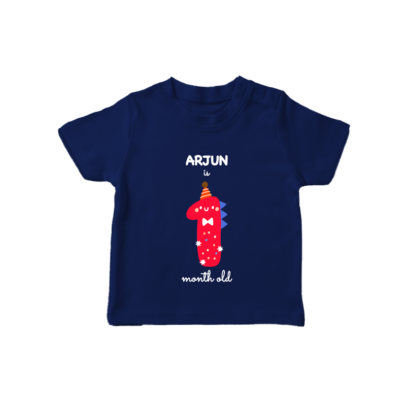 Milestone T-Shirt for 1st Month | Soft Cotton Personalized T-Shirt | Unisex Design - NAVY BLUE - 0-5 Months Old (Chest 17")