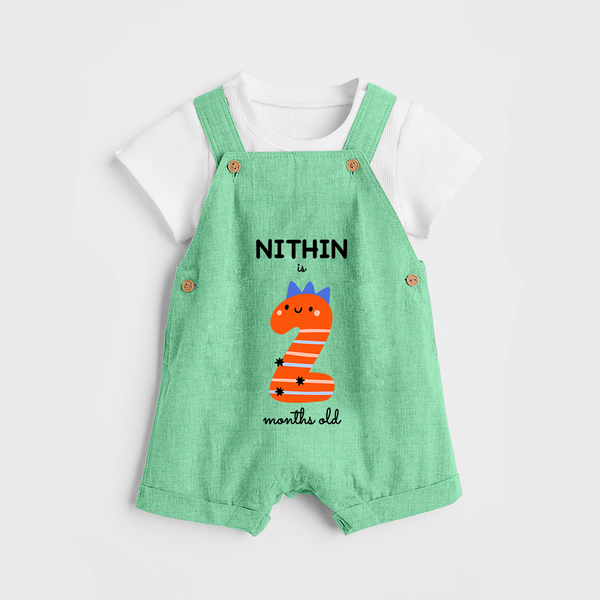 Milestone Dungaree Set for 2nd Month | Soft Cotton Personalized Dungaree Set | Unisex Design - GREEN - 0 - 5 Months Old (Chest 18")