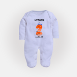 Milestone Full Sleeve Bodysuit/ Sleep Suit/ Jumpsuit for 2nd Month | Soft Cotton Personalized Full Sleeve Bodysuit/ Sleep Suit/ Jumpsuit | Unisex Design - BABY BLUE - New Born (Chest 7.5")