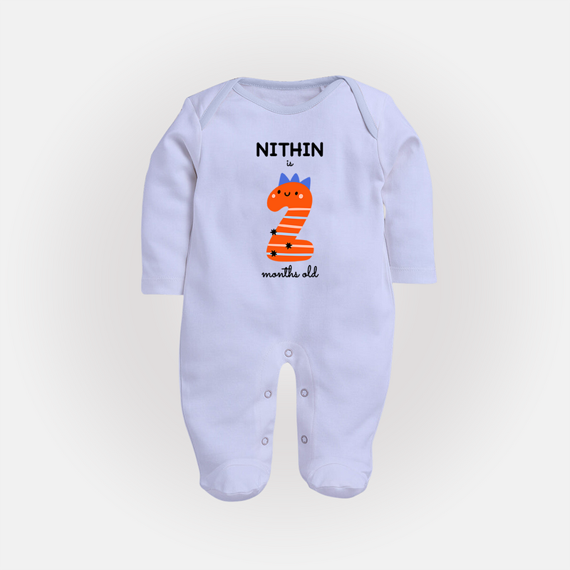 Milestone Full Sleeve Bodysuit/ Sleep Suit/ Jumpsuit for 2nd Month | Soft Cotton Personalized Full Sleeve Bodysuit/ Sleep Suit/ Jumpsuit | Unisex Design - BABY BLUE - New Born (Chest 7.5")