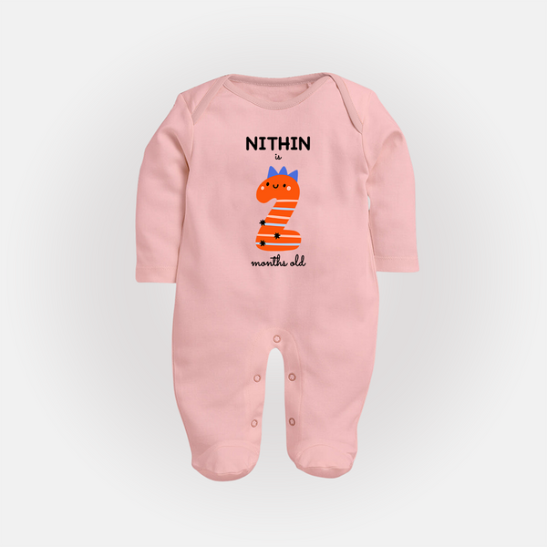 Milestone Full Sleeve Bodysuit/ Sleep Suit/ Jumpsuit for 2nd Month | Soft Cotton Personalized Full Sleeve Bodysuit/ Sleep Suit/ Jumpsuit | Unisex Design - BABY PINK - New Born (Chest 7.5")