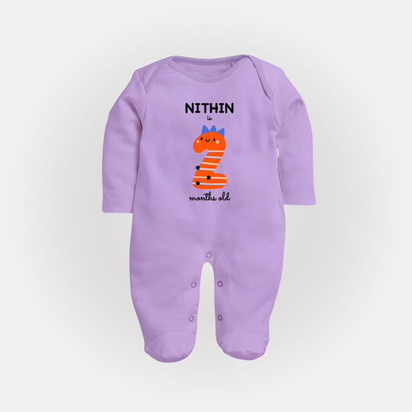 Milestone Full Sleeve Bodysuit/ Sleep Suit/ Jumpsuit for 2nd Month | Soft Cotton Personalized Full Sleeve Bodysuit/ Sleep Suit/ Jumpsuit | Unisex Design - LILAC - New Born (Chest 7.5")