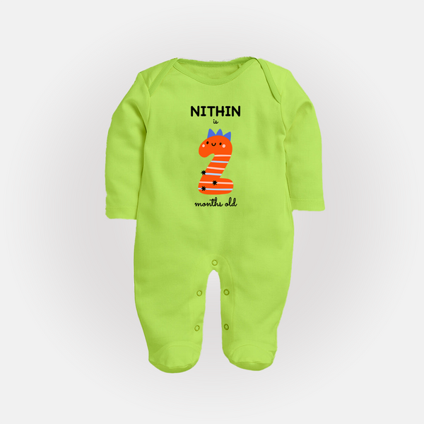 Milestone Full Sleeve Bodysuit/ Sleep Suit/ Jumpsuit for 2nd Month | Soft Cotton Personalized Full Sleeve Bodysuit/ Sleep Suit/ Jumpsuit | Unisex Design - LIME GREEN - New Born (Chest 7.5")