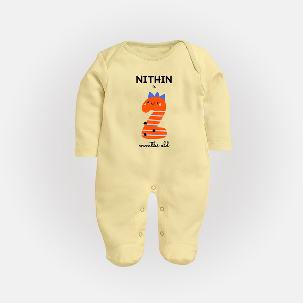 Milestone Full Sleeve Bodysuit/ Sleep Suit/ Jumpsuit for 2nd Month | Soft Cotton Personalized Full Sleeve Bodysuit/ Sleep Suit/ Jumpsuit | Unisex Design - PASTEL YELLOW - New Born (Chest 7.5")
