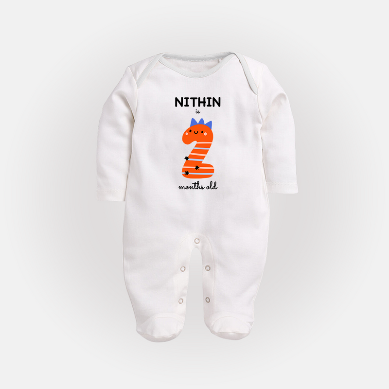 Milestone Full Sleeve Bodysuit/ Sleep Suit/ Jumpsuit for 2nd Month | Soft Cotton Personalized Full Sleeve Bodysuit/ Sleep Suit/ Jumpsuit | Unisex Design - WHITE - New Born (Chest 7.5")