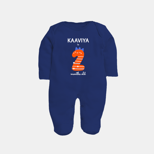 Milestone Full Sleeve Bodysuit/ Sleep Suit/ Jumpsuit for 2nd Month | Soft Cotton Personalized Full Sleeve Bodysuit/ Sleep Suit/ Jumpsuit | Unisex Design - NAVY BLUE - New Born (Chest 7.5")