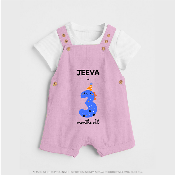 Milestone Dungaree Set for 3rd Month | Soft Cotton Personalized Dungaree Set | Unisex Design - BABY PINK - 0 - 5 Months Old (Chest 18")
