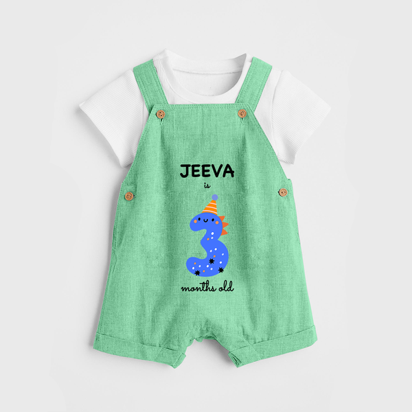 Milestone Dungaree Set for 3rd Month | Soft Cotton Personalized Dungaree Set | Unisex Design - GREEN - 0 - 5 Months Old (Chest 18")
