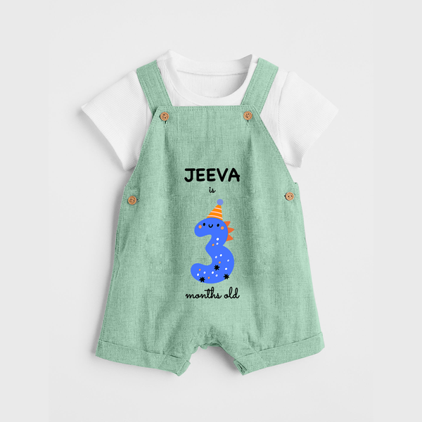 Milestone Dungaree Set for 3rd Month | Soft Cotton Personalized Dungaree Set | Unisex Design - MINT GREEN - 0 - 5 Months Old (Chest 18")