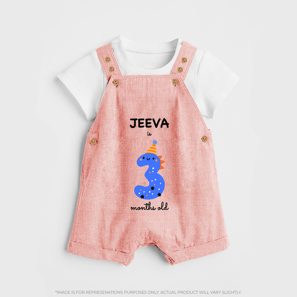 Milestone Dungaree Set for 3rd Month | Soft Cotton Personalized Dungaree Set | Unisex Design - PEACH - 0 - 5 Months Old (Chest 18")