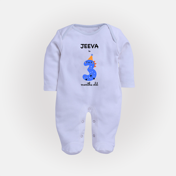 Milestone Full Sleeve Bodysuit/ Sleep Suit/ Jumpsuit for 3rd Month | Soft Cotton Personalized Full Sleeve Bodysuit/ Sleep Suit/ Jumpsuit | Unisex Design - BABY BLUE - New Born (Chest 7.5")