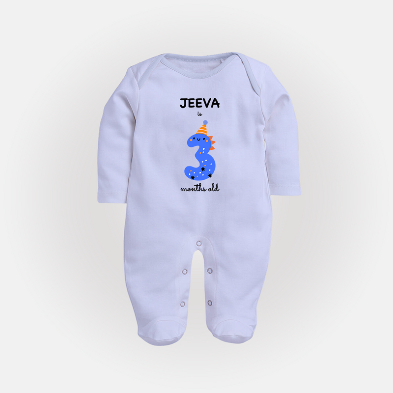 Milestone Full Sleeve Bodysuit/ Sleep Suit/ Jumpsuit for 3rd Month | Soft Cotton Personalized Full Sleeve Bodysuit/ Sleep Suit/ Jumpsuit | Unisex Design - BABY BLUE - New Born (Chest 7.5")
