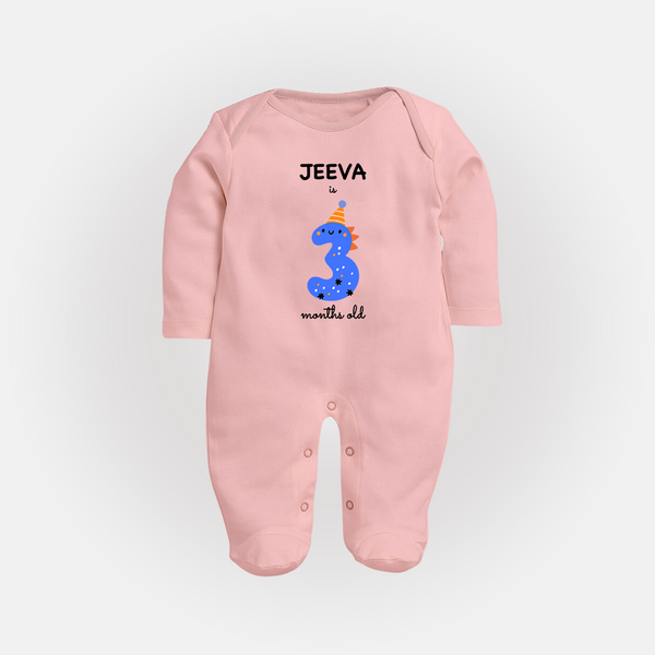 Milestone Full Sleeve Bodysuit/ Sleep Suit/ Jumpsuit for 3rd Month | Soft Cotton Personalized Full Sleeve Bodysuit/ Sleep Suit/ Jumpsuit | Unisex Design - BABY PINK - New Born (Chest 7.5")