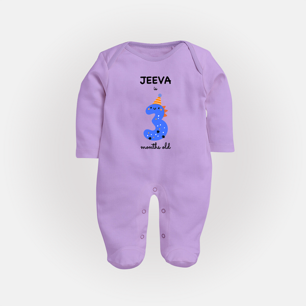 Milestone Full Sleeve Bodysuit/ Sleep Suit/ Jumpsuit for 3rd Month | Soft Cotton Personalized Full Sleeve Bodysuit/ Sleep Suit/ Jumpsuit | Unisex Design - LILAC - New Born (Chest 7.5")