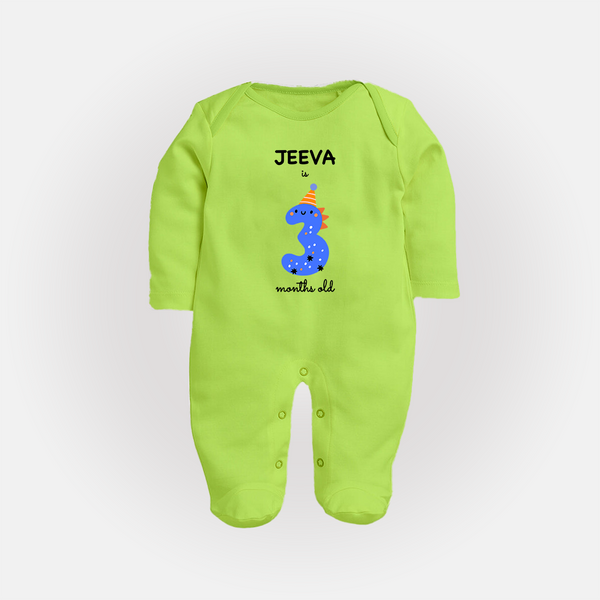 Milestone Full Sleeve Bodysuit/ Sleep Suit/ Jumpsuit for 3rd Month | Soft Cotton Personalized Full Sleeve Bodysuit/ Sleep Suit/ Jumpsuit | Unisex Design - LIME GREEN - New Born (Chest 7.5")