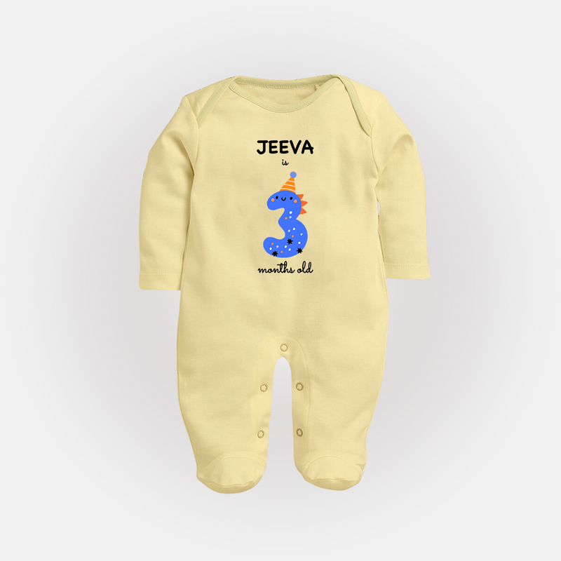 Milestone Full Sleeve Bodysuit/ Sleep Suit/ Jumpsuit for 3rd Month | Soft Cotton Personalized Full Sleeve Bodysuit/ Sleep Suit/ Jumpsuit | Unisex Design - PASTEL YELLOW - New Born (Chest 7.5")