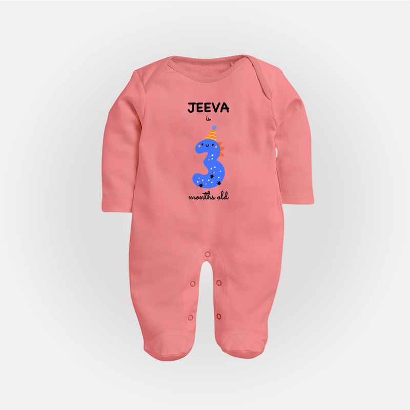 Milestone Full Sleeve Bodysuit/ Sleep Suit/ Jumpsuit for 3rd Month | Soft Cotton Personalized Full Sleeve Bodysuit/ Sleep Suit/ Jumpsuit | Unisex Design - PEACH - New Born (Chest 7.5")