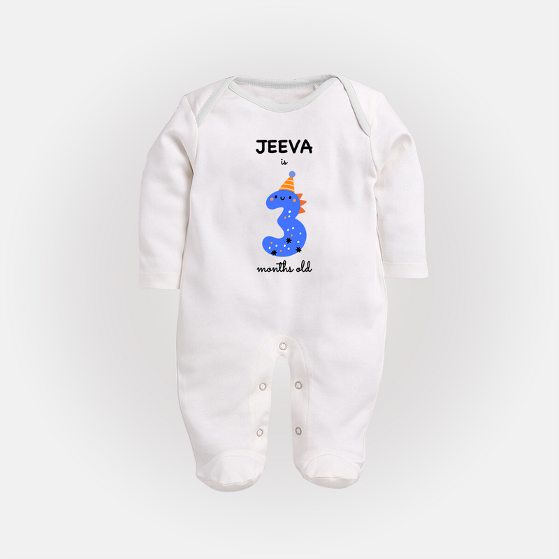 Milestone Full Sleeve Bodysuit/ Sleep Suit/ Jumpsuit for 3rd Month | Soft Cotton Personalized Full Sleeve Bodysuit/ Sleep Suit/ Jumpsuit | Unisex Design - WHITE - New Born (Chest 7.5")