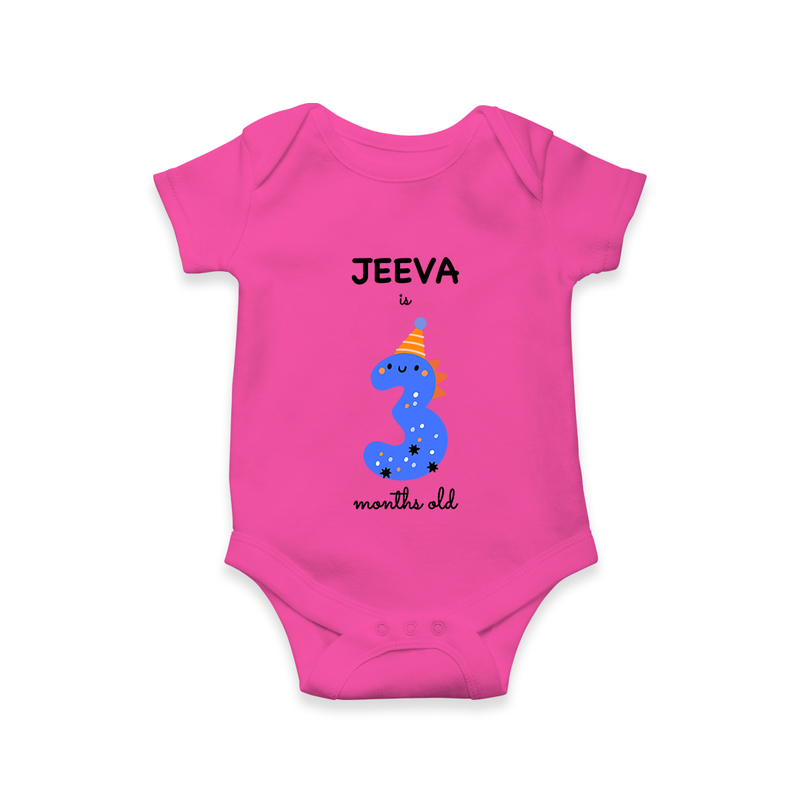 Milestone Romper for 3rd Month | Soft Cotton Personalized Romper/Onesie | Unisex Design - HOT PINK - New Born (Chest 14")