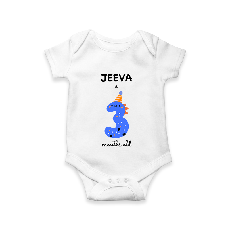 Milestone Romper for 3rd Month | Soft Cotton Personalized Romper/Onesie | Unisex Design - WHITE - New Born (Chest 14")