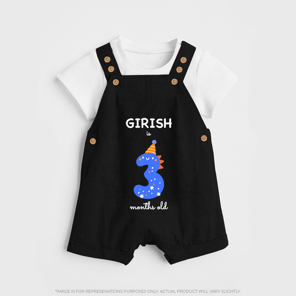 Milestone Dungaree Set for 3rd Month | Soft Cotton Personalized Dungaree Set | Unisex Design - BLACK - 0 - 5 Months Old (Chest 18")