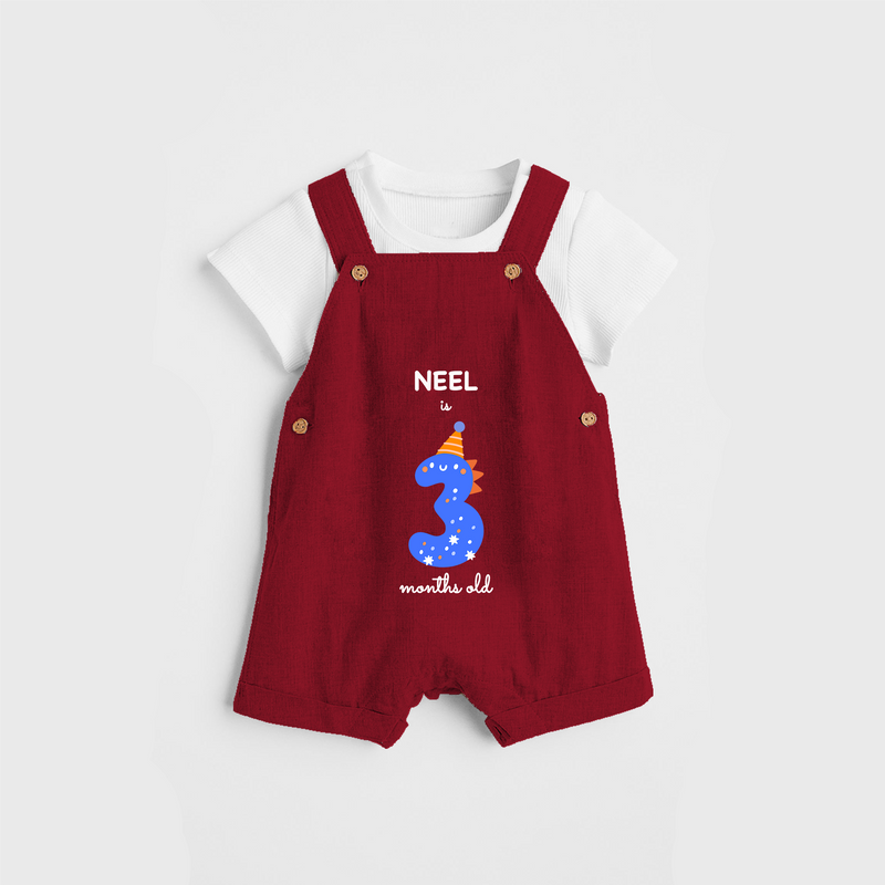 Celebrate The Third Month Birthday Custom Dungaree, Featuring with your Baby's name - RED - 0 - 5 Months Old (Chest 17")