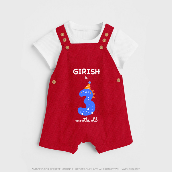 Milestone Dungaree Set for 3rd Month | Soft Cotton Personalized Dungaree Set | Unisex Design - RED - 0 - 5 Months Old (Chest 18")
